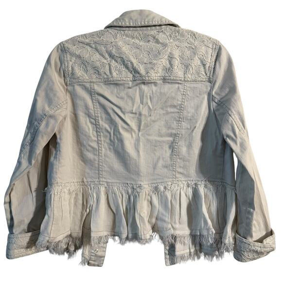 CHICOS White lace ruffled button up jean jacket Size Small - Picture 2 of 9